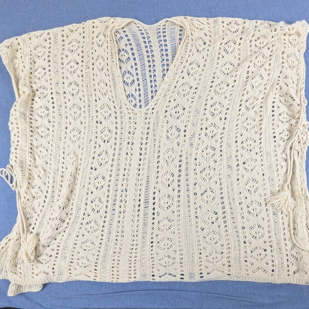 Cream Crochet Knit V-Neck Poncho Top with Side Tassel Ties One Size Boho - Picture 2 of 11